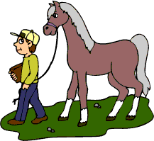 Cartoon man walking Horse