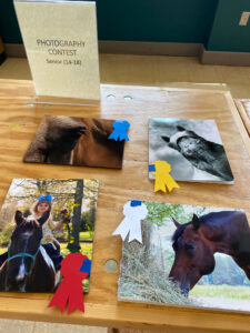 Various photographs of horses by contestants laid out on a table. 