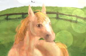 A digital painting of a horse in a paddock. 